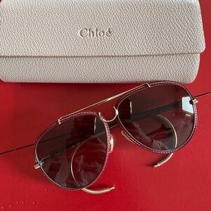 Chloe Edith Brown Leather Aviator Sunglasses
